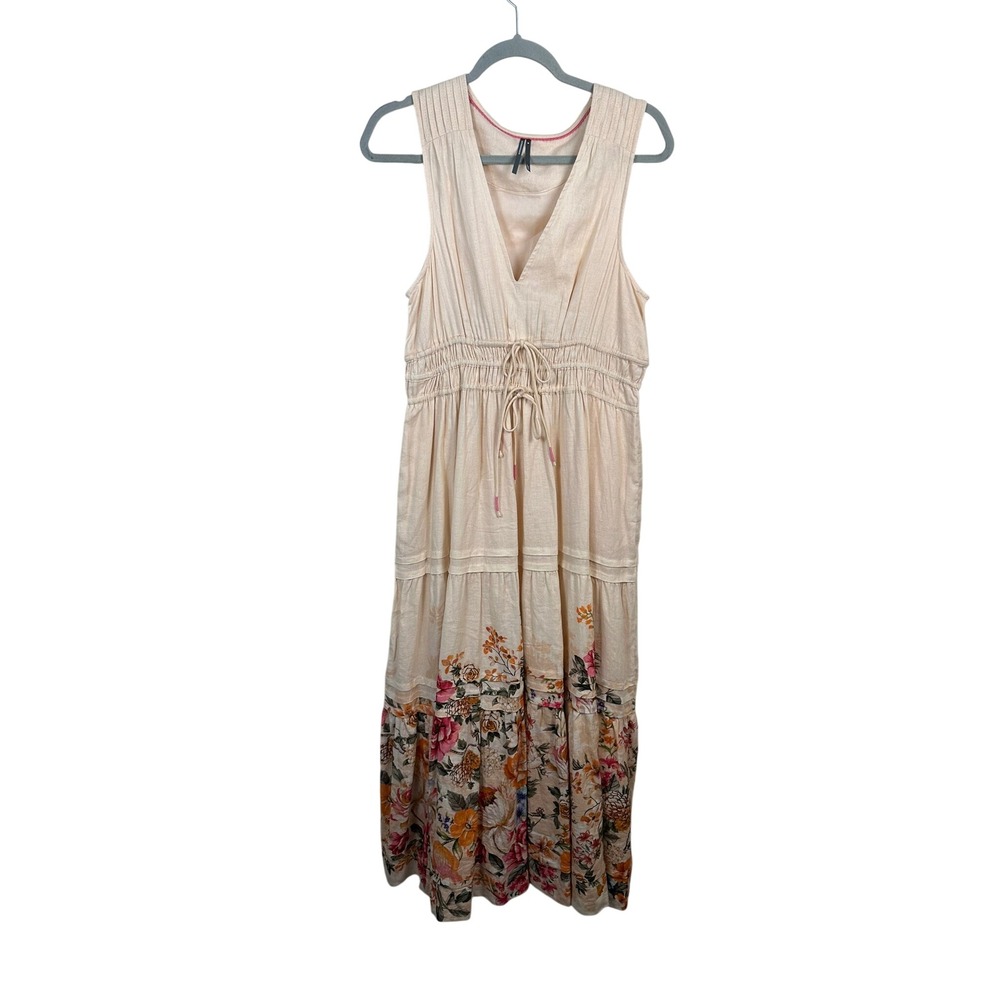 Anthropologie Maxi Dress Womens M Peach Floral Linen Blend Excellent Boho Tiered